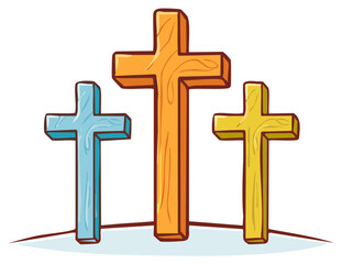 Cartoon illustration of three crosses in various colors representing religion.