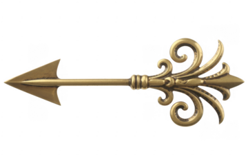 Gold arrowhead with intricate scrollwork isolated on a transparent background