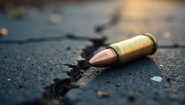 Close-up of a bullet casing lying on a cracked pavement, symbolizing the aftermath of gun violence and its devastating consequences , urban decay, public safety, problem