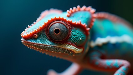 A vibrant chameleon with colorful scales and large round eyes perched on a branch in a natural environment, captured in a close-up view