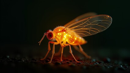 A glowing insect stands on dark ground with wings spread, illuminated from within, against a dark background.