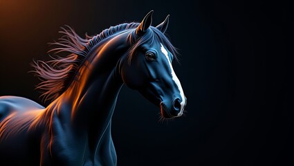 A majestic black horse with a flowing mane, illuminated by a warm glow, set against a dark background, captured in a close-up portrait view