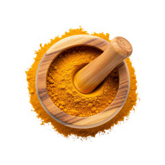 Turmeric powder with wooden mortar and pestle