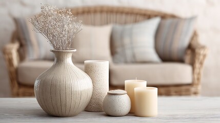 Cozy warm living room decorated with neutral vase and candles