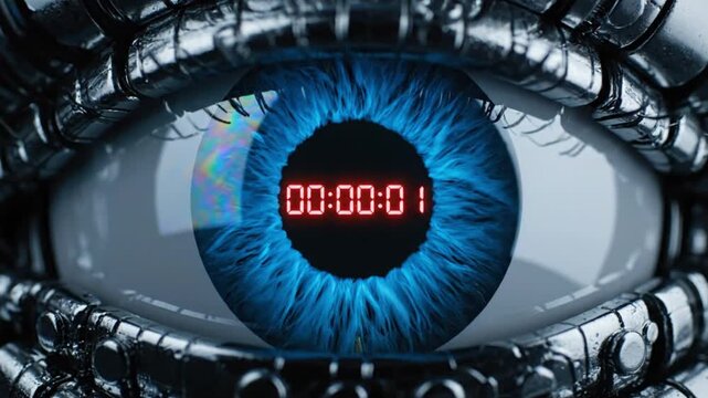 Close-up of a robotic eye with a digital timer on a dark background
