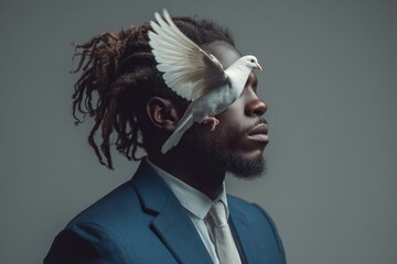 Profile of a man in formal attire with serene expression as a white dove with outstretched wings gracefully flies past, symbolizing peace and harmonyman