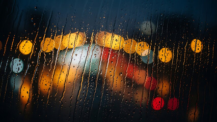Rainy night cityscape through wet window with blurred lights
