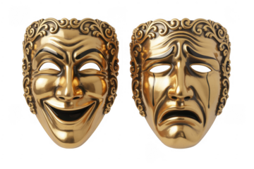 Golden comedy and tragedy masks isolated on a transparent background