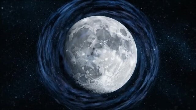 A large moon with a swirling blue halo against a starry night sky with a dark background.