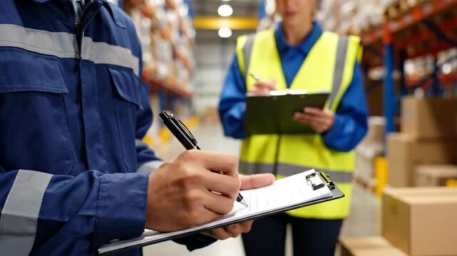 Warehouse worker and supervisor checking inventory on clipboard