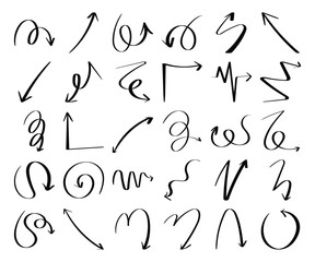 Set of black hand drawn arrow doodles isolated on white background