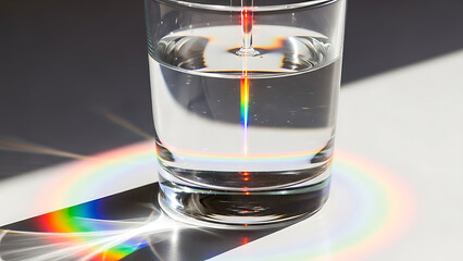 Glass of water with rainbow light refraction effect