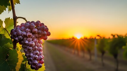 Purple grapes hanging on vine in vineyard at golden sunset with warm sunlight rays creating romantic agricultural landscape for wine industry marketing.