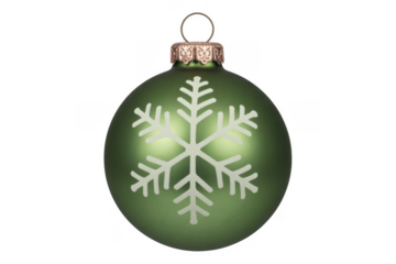 Green Christmas ornament with white snowflake isolated on a transparent background