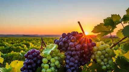 Fresh ripe grape clusters hanging on vineyard vines during golden hour sunset with warm sunlight creating beautiful agricultural landscape scene.
