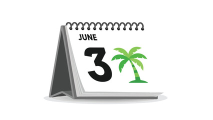 A sleek desk calendar graphic displays June 3rd, accompanied by a vibrant palm tree symbol, representing upcoming summer vacations, travel plans,