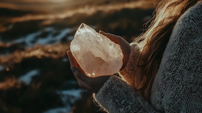 Young woman holding large clear quartz crystal in hands outdoors during golden hour sunset light for spiritual healing meditation and mindfulness practice.