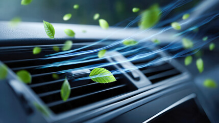 Fresh green leaves blowing from car air vents representing clean and refreshing automotive air filtration and climate control system concept