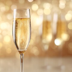 Crystal champagne flute close-up with golden sparkle bokeh