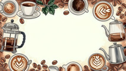 Coffee frame with cups, beans, brewing equipment and latte art on cream background. Hand-drawn border design for cafe menus, coffee shop branding and beverage promotions.