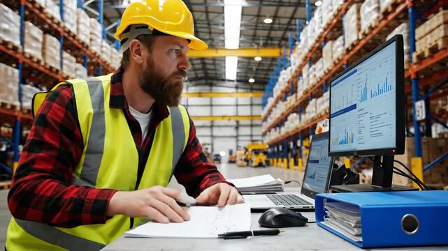 Warehouse worker calculating inventory data using computer and documents