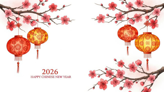 Happy chinese new year 2026 celebration with lanterns and blossoms