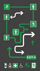Directional signs for emergency exit routes and facilities