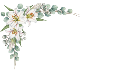 Elegant hand painted watercolor corner frame featuring lilies and eucalyptus in sage and blush pink isolated on white background