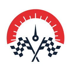 Red speedometer with checkered racing flags and needle pointing at zero