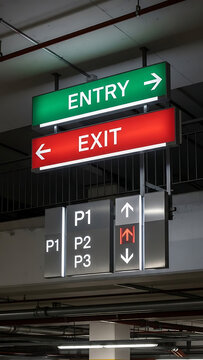 Directional signs for entry and exit in a parking garage