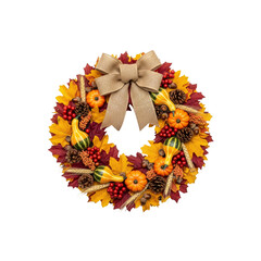 Autumn wreath with pumpkins and bow