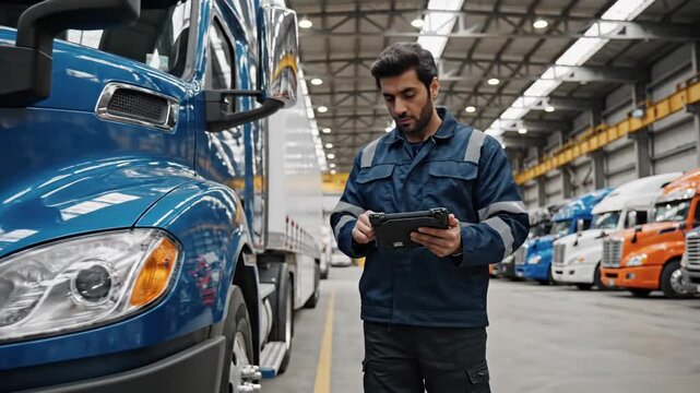 Warehouse worker checking digital tablet near parked truck fleet