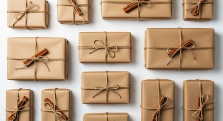 Overhead view of neatly wrapped gifts in brown kraft paper tied with twine and decorated with cinnamon sticks, a charming collection for any occasion