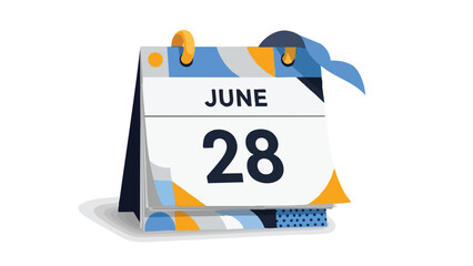 Vibrant blue and yellow desk calendar displaying June 28, perfect for illustrating important dates, event planning, and time management concepts in
