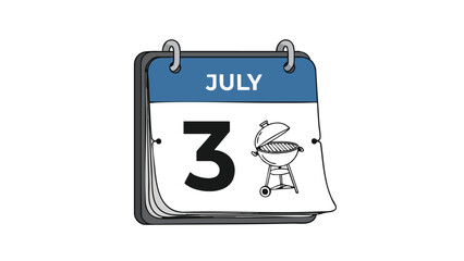 Illustrated calendar page depicting July 3rd marked with a classic barbecue grill, symbolizing summer leisure activities and outdoor cooking