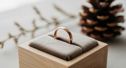 A simple gold wedding ring rests on a wooden ring box with a pinecone and dried branch in the background