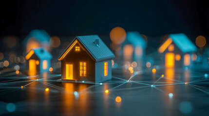 Illuminated miniature houses connected by glowing network lines symbolizing smart home technology and interconnected digital communities at night