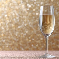Crystal champagne flute close-up with golden sparkle bokeh