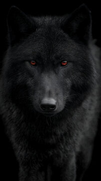 Dark Wolf with Glowing Red Eyes Staring into the Camera