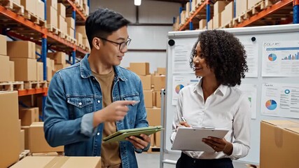 Warehouse worker checking inventory tablet alongside colleague reviewing data on whiteboard - Powered by Adobe