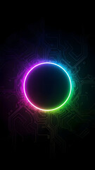 Obraz premium A vibrant neon circle glows with rainbow colors against a dark, circuit board-like background.