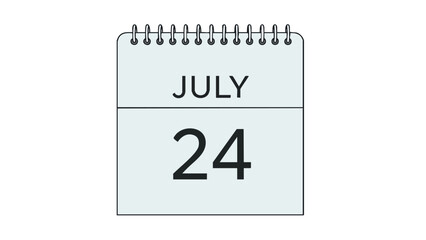 This modern vector graphic presents a single calendar page, prominently featuring the month July and the day twenty-four, with a sleek spiral binding.
