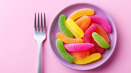 Top view of a plate filled with gummy worms beside a fork on pastel pink background. Minimal flat lay of sugary snack for menu design, branding, social media posts, and party themes with copy space.