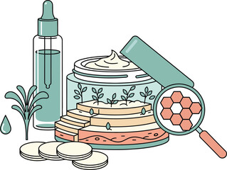 Skincare Science Vector - Organic Beauty Products with Serum and Skin Layer Molecular Illustration