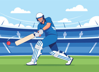 Obraz premium Flat vector illustration of a cricket batsman playing a shot on a stadium field. Dynamic sports action scene in modern cartoon style.