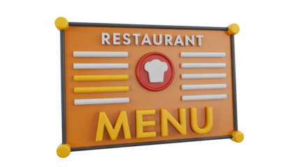 Orange restaurant menu sign with chef hat isolated on a transparent background