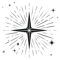 Obraz premium Celestial starburst design with radiating lines and stars, isolated on white