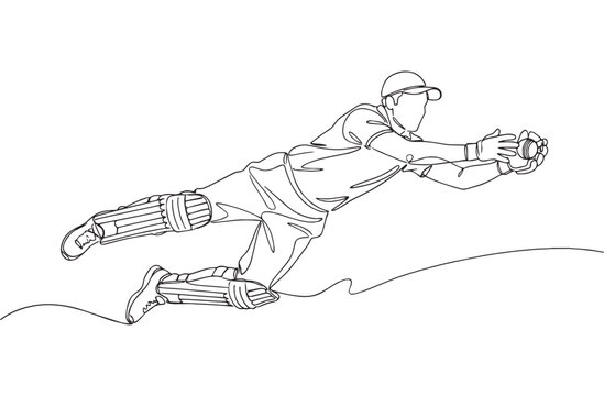 Single continuous line illustration of a cricket player diving to catch the ball. Minimal outline style capturing motion and sports action.