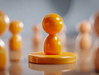 An orange game piece standing on a circular base surrounded by other blurred game pieces symbolizing strategy and leadership in a board game setting