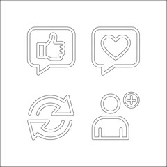 Digital engagement icons set featuring thumbs up heart like symbol refresh arrows and add user button vector line art for social media app interface